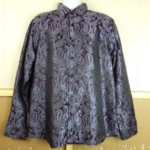 Hi-Tie Button Front Shirt Party Date Night Club L/S Collar Purple Black Paisley